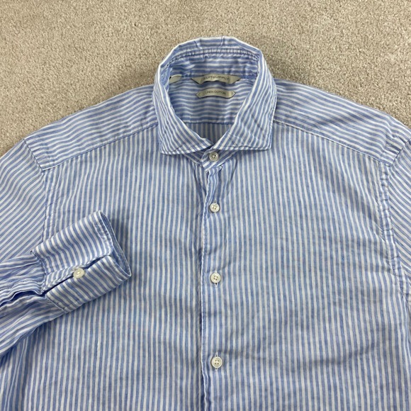 Suitsupply Other - Suitsupply Linen Blend Button Down Shirt Mens 15 Blue White Striped Slim Fit